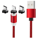 MTP Products 3-i-1 LED Magnetic Kabel - Lightning, USB-C, MicroUSB 1m Rød