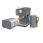 Swan Nordic Kitchen Set, 1.7L Fast Boil Kettle & 4 Slice Toaster & Espresso Coffee Machine, Matte Grey, SK14610GRY, ST14620GRY, SK22110GRY