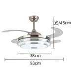 QSBY Invisible wind fan light Remote control discoloration sound chandelier 3-speed control Ceiling fan lamp for bedroom kitchen balcony 41cm,Silver
