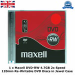 1 x Maxell DVD-RW 4.7GB 2x Speed 120min Re-Writable DVD New Discs in Jewel Case