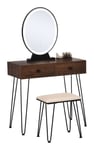 Homcom - Coiffeuse design - miroir led intégré - 2 tiroirs + 1 organisateur - tabouret inclus - métal noir mdf imitation bois noyer foncé - Marron