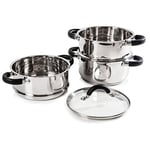 Tower T80836 Essentials Induction Steamer Pans 3 Tier with Glass Lid, Silicone Handles, Stainless Steel, Steamer Cooking, Polished Mirror Finish, 18 cm , Silver