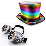 Rainbow Top Hat & Silver Cross Goggles Bundle Set Fancy Dress Pride Parade Party