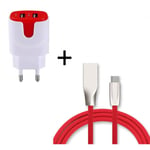 Pack Chargeur Type C pour JBL FLIP 5 (Cable Fast Charge + Double Prise Secteur Couleur USB) Android - ROUGE