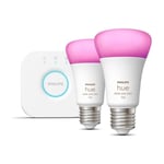 Kit de démarrage Philips Hue White and Color Ambiance avec 2 ampoules E27, 75W, Bluetooth et compatibilité avec Alexa, Google et Homekit - Neuf