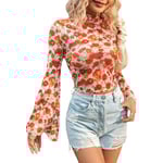 dusa Damklocka Kvinnors Klockad Krage Blommig Mesh Topp Kortärmad T-shirt Röd Multi X-Large