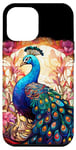 Coque pour iPhone 12 Pro Max Vitrail bleu paon oiseau coucher de soleil fleurs sauvages portrait