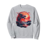 Mythical black red dragon with sunset mountains Asian art Sweatshirt