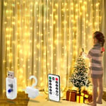 200 LED Curtain Lights USB Powered, 3m x 2m Warm White Bedroom Fairy Lights, 8 Modes, String Lights Plug in for Indoor Outdoor,Wall, Wedding Birthday Party, Christmas, Tent Decoration Wedding, Gazebo