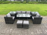 Rattan Outdoor Furniture Sofa Garden Dining Set with Dining Table 2 Armchairs 2 Side Tables Small Stools