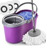 EVELYN LIVING 360 Spin Mop Bucket Set Plastic Spin Wringer with 3 Microfibre Mop Head Pad Easy Press Handle Home Cleaning Clean Floor (Purple)