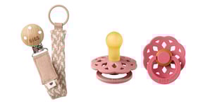 BIBS - Pacifier Boheme 2 PACK - Dusty Pink/Coral - Size 1 + Pacifier Clip Braided - Blush/Ivory - Onesize (Bundle)
