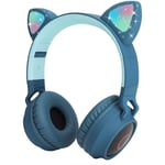 Usoun Kids Bluetooth Headphones, Cat Ear LED Light Child Wireless Headphones with Microphone, FM Radio/TF Card, Foldable Bluetooth Stereo Over-Ear kids Headsets for Boys Girls Adults (blue)