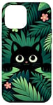 Coque pour iPhone 14 Plus Chat mignon cachant des feuilles de palmier vertes motif floral chat noir