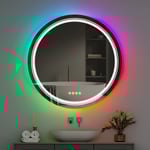 Wisfor LED-badrumsspegel, dimbar sminkspegel med rund vägg, med 8 RGB-bakgrundsbelyst, 3 färger framljus, Smart Anti-Imma Touch Switch, Minnesfunktion
