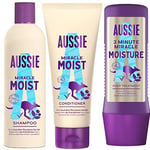 Aussie Miracle Moist Routine Hydratante Avec Shampoing/Après-shampoing/Soin Intensif - Pour Les Cheveux Secs Et Abîmés À l’Huile De Noix De Macadamia