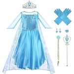 Prinsessan Elsas Klänning - Kostym med Tiara och Trollstav för Cosplay, Jul, Halloween eller Födelsedag Blue-9 pcs 6-7 years