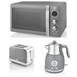 Swan Kitchen Retro GREY Digital Microwave, 1.5L Kettle w Dial & 2 Slice Toaster