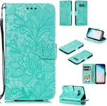 Portefeuille Coque Pour Samsung Galaxy S10e Smartphone Magnétique Pu Cuir Etui Rabat Avec Fente Pour Carte Et Dragonne Dentelle Fleur Motif - Vert