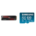 Samsung 990 PRO Heatsink 2TB PCIe 4.0 NVMe M.2 Internal Solid State Drive & EVO Select 512GB microSDXC UHS-I U3 130MB/s Full HD & 4K UHD Memory Card inc. SD-Adapter, Blue