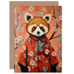 Red Panda in Kimono Cherry Blossom Trees Japan Birthday Blank Greeting Card