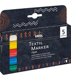 Kreul 92750 - Textil Marker Opak medium Set, 5 crayons, pointe ogive, épaisseur de trait env. 2 à 4 mm, crayons de couleur opaques pour la décoration de tissus clairs et foncés
