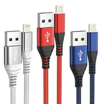 IDISON Iphone Charger 3Pack 2m,MFi Certified Apple IPhone Charger Cable,Nylon Braided Usb to Lightning Cable Compatible with IPhone 13 12 11 XS XR X Pro Max Mini 8 7 6S 6 Plus 5S SE(Red,Blue,Silver)