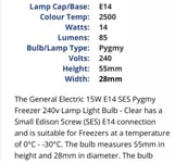 10 PACK OF GENERAL ELECTRIC FRIDGE FREEZER LIGHT BULBS 15W PYGMY E14 -30DC NEW