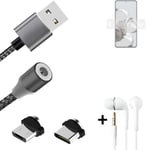 Magnetic charging cable + earphones for Xiaomi 12T Pro + USB type C a. Micro-USB