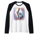 A Fantasy Bunny Rabbit with Flowers, Crescent Moon, Stars Raglan Baseball Tee