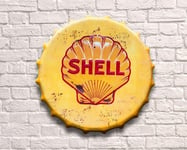 Weird Or Wonderful Large 30cm Bottle Top Sign Shell Inspired Oil Yellow Vintage Retro Petrol Fuel Mancave Man Cave Shed Garage Workshop Gift