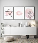 LILHXIU 3 Piece Makeup Quotes Picture Set Pink Lips Perfume Bottle Posters And Prints Makeup Wall Art Picture Salon Beauty Wall Decor 30x50cmx3 (No Frame)
