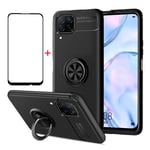 AKABEILA Case Screen Protector for Huawei P40 Lite, Compatible for Huawei P40 Lite Phone Case Cover, Silicone Kickstand Ring Grip Holder for Huawei P40 Lite Shockproof Tempered Glass, Black