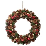 FEERIC CHRISTMAS - Couronne de Noël avec Houx Pomme de pins et Étoiles Paillettes Rouge D 50 cm