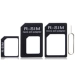 4-i-1 Kit Sim Kort Pin, Adapter Nano Micro Iphone Svart Black