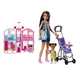 Barbie DLY32 ESTATE Three-Story Town House Colourful and Bright Doll House Comes with Furniture and Accessories, DLY32 & Babysitting Playset with Skipper Doll, Baby Doll, FJB00