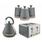 Tower Cavaletto Pyramid Kettle, 4 Slice Toaster, Canisters Set Grey/Rose Gold