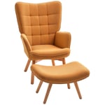 Fåtölj med pall, vingstol med hög rygg, träben, tuftad design manchesterlook Loungestol för vardagsrum, brun