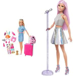 Barbie Travel Doll - Blonde Doll with Puppy & Opening Pink Suitcase FWV25 & Pop Star Doll Dressed In Iridescent Skirt with Microphone and Pink Hair, Gift for 3 to 7 Year Olds, Multicolour, FXN98