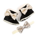 Baby Girl Sequin Bow Princess Boots Shoes+headband 2pcs Set Black 6-12m