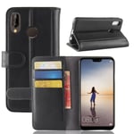 Huawei P20 Lite - Fodral / plånbok i äkta läder Svart