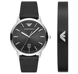 Emporio Armani Montre pour Homme, Mouvement à Trois Aiguilles avec Date, Boîtier en Acier Inoxydable Noir de 43 mm avec Bracelet en Cuir, Ar80064Set