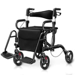 Rollator hopfällbar och lätt med säte 2 i 1 rullstol & reserollator gånghjälp 6-vägs höjdjusterbar