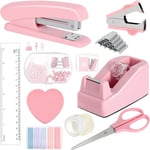 Kontorsmaterial Set, Rosa Häftapparat och Tejpdispenser Set med Häftklammerborttagare, med 1000 Häftklammer, Pappersklipp, Tejp, Sax och Flikar pink