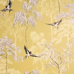 Japanese Garden Arthouse Wallpaper Ochre Yellow Lilac Birds Blossom Tree