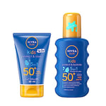 Lot NIVEA SUN Kids Spray Protect & Play coloré FPS 50+ (1x200 ml), protection hydratante adaptée à la peau des enfants + Lait solaire Protect & Play Enfants FPS 50+ Format voyage (1 x 50 ml)