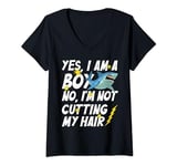 Womens Funny Yes, I Am a Boy No, I'm Not Cutting My Hair Shark V-Neck T-Shirt