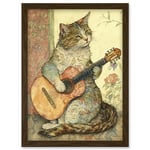Street Musician Cat with Guitar by Flower Pattern Mural Pastel Watercolour Illustration Artwork Framed Wall Art Print A4