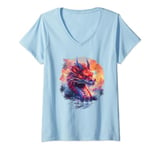 Womens Fierce mythical red dragon sunset palm trees birds Asian art V-Neck T-Shirt