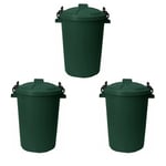 Set of 3 Plastic 50L Dustbin Heavy Duty Storage Kitchen Locking Lid, Dark Green